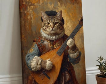 Custom Musician Cat Portrait from Photo, Funny Renaissance Cat with Lute, Personalized Cat Art Print, Custom Cat Portrait