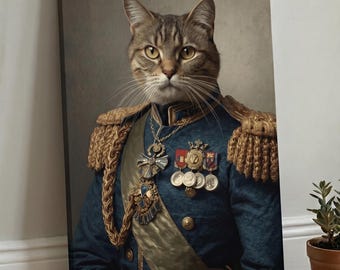 Custom General Pet Portrait from Photo, Funny Military Cat Painting, Personalized Pet Art Print, Custom Pet Portrait