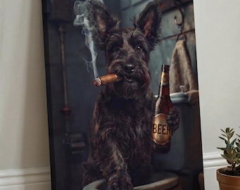 Funny Custom Pet Portrait from Photo, Dog Cat with Beer and Cigar Bathroom Print, Personalized Canvas Poster Gift