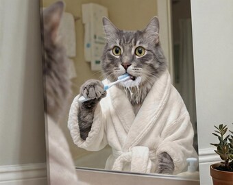 Personalized Cat Portrait Brushing Teeth from Photo, Funny Pet Bathrobe Mirror Art, Custom Canvas Poster Gift