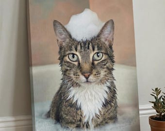 Personalized Cat Portrait in Bubble Bath from Photo, Funny Pet Bathroom Wall Art, Custom Canvas Poster Gift