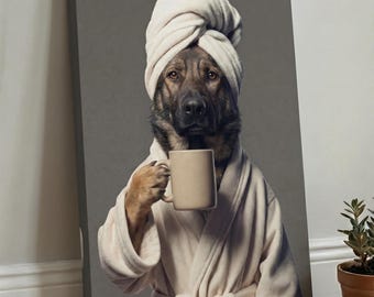 Personalized Pet Portrait in Bathrobe from Photo, Funny Dog Cat Spa Towel Coffee Art, Custom Canvas Poster Gift