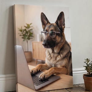 Custom Dog Portrait from Photo, Funny Office Dog Wall Art, Pet Working at Computer with Glasses & Tie, Dog Dressed as Accountant, Boss Gift