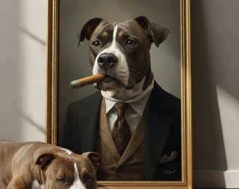 Custom Gentleman Dog Portrait from Photo | Personalized Pet Art Print with Cigar