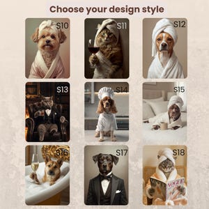 Puede incluir: Una cuadr&iacute;cula de nueve retratos etiquetados del S10 al S18, que muestran perros y gatos con diversos atuendos. Los sujetos incluyen mascotas en albornoces con toallas en la cabeza, un gato con esmoquin, un perro con gorro de chef y un gato leyendo Vogue.