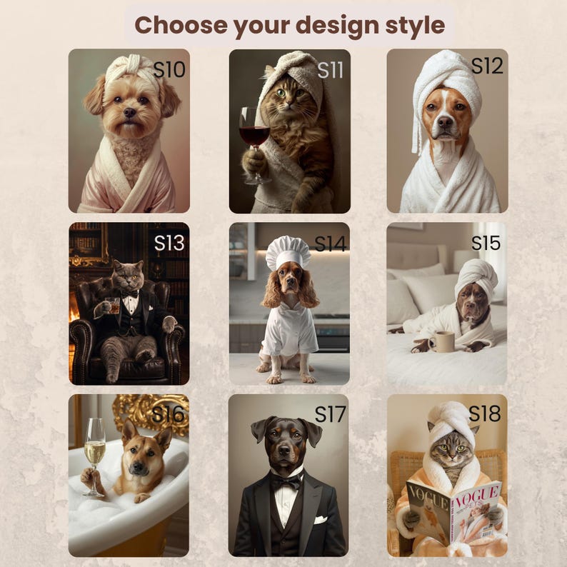 Puede incluir: Una cuadr&iacute;cula de nueve retratos etiquetados del S10 al S18, que muestran perros y gatos con diversos atuendos. Los sujetos incluyen mascotas en albornoces con toallas en la cabeza, un gato con esmoquin, un perro con gorro de chef y un gato leyendo Vogue.