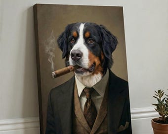 Personalized Gentleman Dog Portrait from Photo, Custom Pet with Cigar Boss Art, Funny Dog Cat Canvas Poster Gift