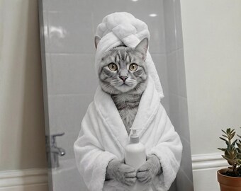 Custom Cat Portrait in Bathrobe from Photo, Funny Pet Spa Towel Bathroom Art, Custom Canvas Poster Gift