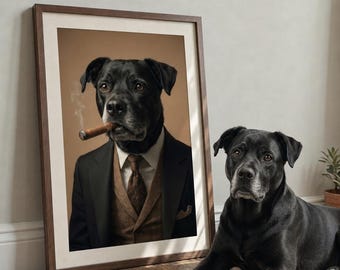 Retrato de perro con cigarro a partir de una foto, perro jefe con traje, retrato personalizado de mascota de la mafia, regalo para papá perruno, arte de pared para cueva de hombre, póster digital en lienzo