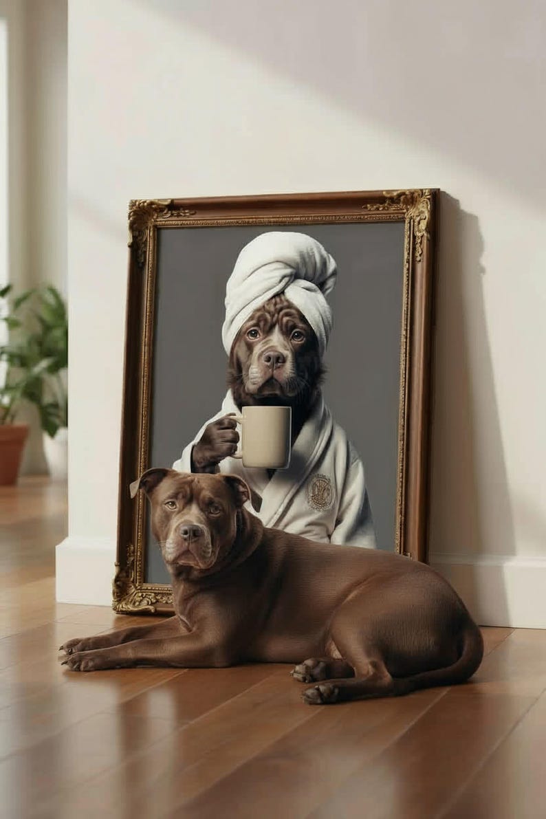 Puede incluir: Un retrato enmarcado de un perro marr&oacute;n con una bata blanca y una toalla blanca envuelta alrededor de la cabeza mientras sostiene una taza beige. Frente al marco, un perro marr&oacute;n yace en el suelo, reflejando al sujeto del cuadro.