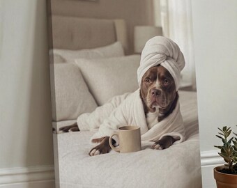 Personalized Dog Portrait in Bathrobe from Photo, Funny Pet Spa Coffee Bed Art, Custom Canvas Poster Gift