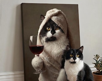 Custom Cat Portrait in Bathrobe, Funny Personalized Spa Cat Art, Cat Mom Gift, Bathroom Wall Decor