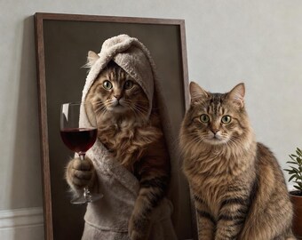 Divertido retrato personalizado de gato en toalla con vino, retrato personalizado de gato a partir de una foto, arte de pared para perros en un día de spa, regalo para mamá de gatos