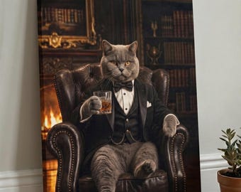 Custom Cat Portrait as Gentleman from Photo, Funny Pet Tuxedo Whiskey Library Art, Personalized Canvas Poster Gift