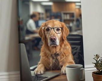 Custom Dog Portrait at Office Desk from Photo, Funny Pet Glasses Tie Work Art, Personalized Canvas Poster Gift