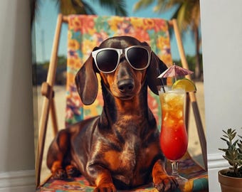 Personalized Dog Portrait on Beach from Photo, Funny Pet Sunglasses Cocktail Summer Art, Custom Canvas Poster Gift