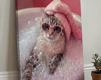 Personalized Cat Portrait in Bath from Photo, Funny Pet Sunglasses Spa Wall Art, Custom Canvas Poster Gift