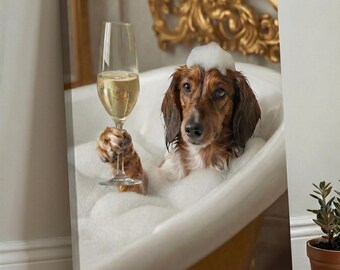 Funny Custom Dog Portrait in Bubble Bath from Photo, Pet with Champagne Luxury Bathroom Art, Canvas Poster Gift