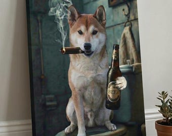 Personalized Funny Dog Portrait from Photo, Custom Pet with Beer Cigar Bathroom Art, Dog Cat Canvas Poster Gift