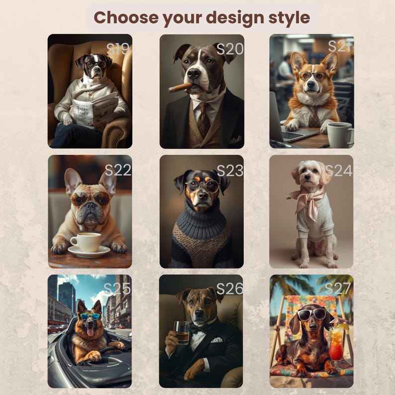 Puede incluir: Una cuadr&iacute;cula de nueve retratos de perros etiquetados del S19 al S27, que muestran perros en situaciones humanas: leyendo en un sill&oacute;n, con traje y puro, trabajando en un port&aacute;til, con gafas de sol y caf&eacute;, con su&eacute;ter, con bufanda, conduciendo, en esmoquin con una bebida y en una silla de playa.
