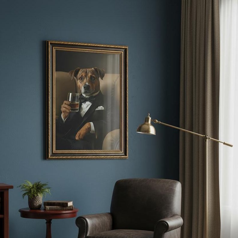 Puede incluir: Una l&aacute;mina de arte mural enmarcada que muestra a un perro marr&oacute;n y blanco vestido con esmoquin negro, camisa blanca y pajarita negra. El perro est&aacute; sentado en una silla y sostiene un vaso transparente que contiene un l&iacute;quido de color &aacute;mbar.