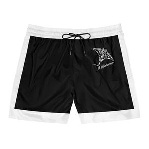 May include: Black athletic shorts featuring a white waistband with a black drawstring, white side panels, and a white graphic of a manta ray with intricate tribal-style patterns. The text El Mantarraya is printed in white below the manta ray.
