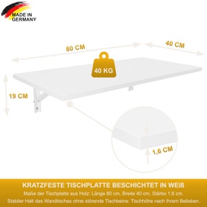 Wandklaptafel in wit 80 x 40 cm bureau klaptafel eettafel keukentafel voor aan de wandtafel tafelblad opklapbaar voor wandmontage afbeelding 5