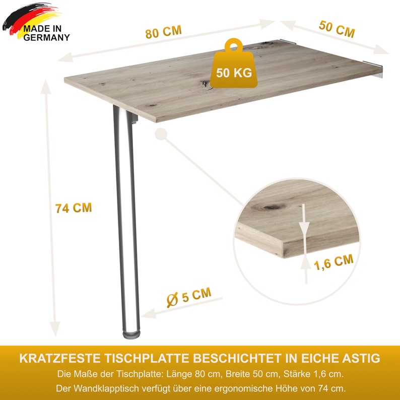 Opklapbare wandtafel in eiken knoestig 80x50 bureau opklapbare tafel eettafel keukentafel voor aan de muur tafel met tafelpoot opvouwbaar voor wandmontage afbeelding 5