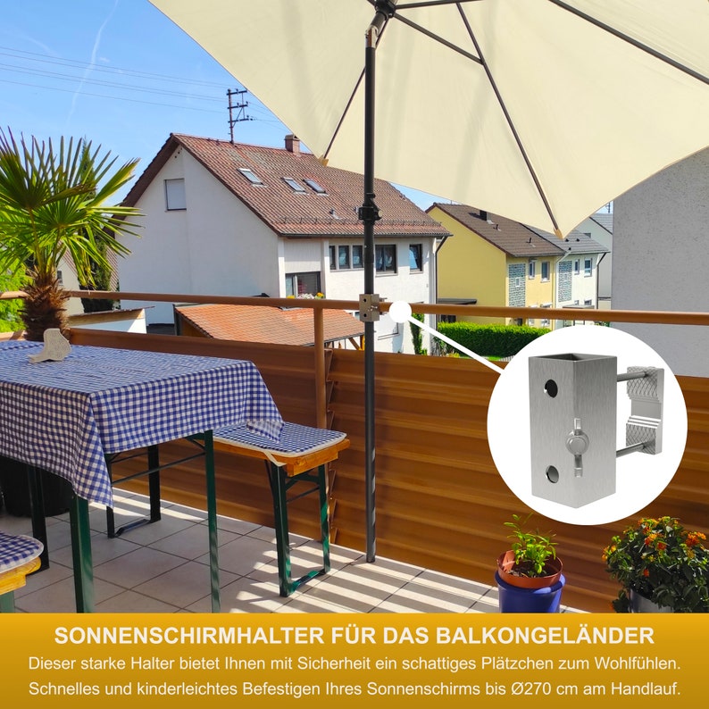 Sonnenschirmhalter aus Edelstahl für Balkongeländer rund und eckig Schirmhalterung bis Sonnenschirm 270 cm Schirmständer Balkon Halterung zdjęcie 2