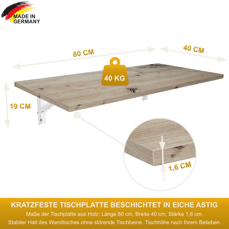 Opklapbare wandtafel in eiken knoestig 80 x 40 cm bureau klaptafel eettafel keukentafel voor aan de wandtafel tafelblad opklapbaar voor wandmontage afbeelding 5