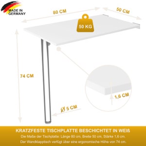 Table pliante murale en blanc 80x50 bureau table pliante table à manger table de cuisine pour le mur Table avec pied de table pliable pour montage mural image 5