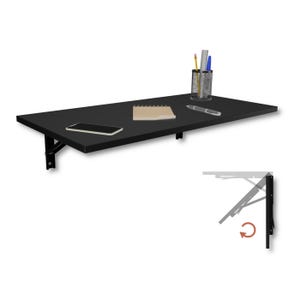Może przedstawiać: Czarny, montowany na ścianie składany stół z prostokątnym blatem. Na biurku znajduje się smartfon, notatnik, długopis i pojemnik na ołówki z długopisami i ołówkami. Biurko jest podparte czarnymi metalowymi wspornikami. Schemat pokazuje mechanizm składania.