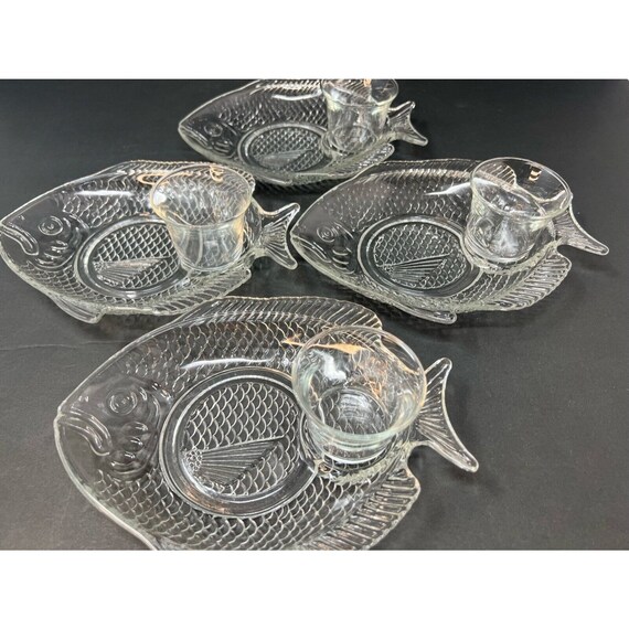 Clear Glass Fish Shaped Appetizer Plates With Dipping Cups Set Etsy