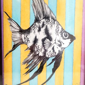 Angelfish in Stripes - Mixed Media Illustration 5x7 FRAMED