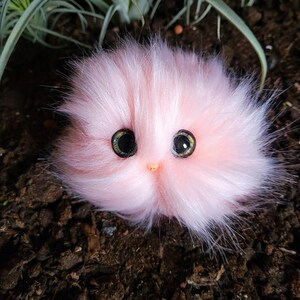 Puede incluir: Una criatura rosa y esponjosa con ojos grandes y una pequeña nariz. El peluche se encuentra sobre un fondo de tierra oscura y vegetación, creando una estética caprichosa y entrañable.