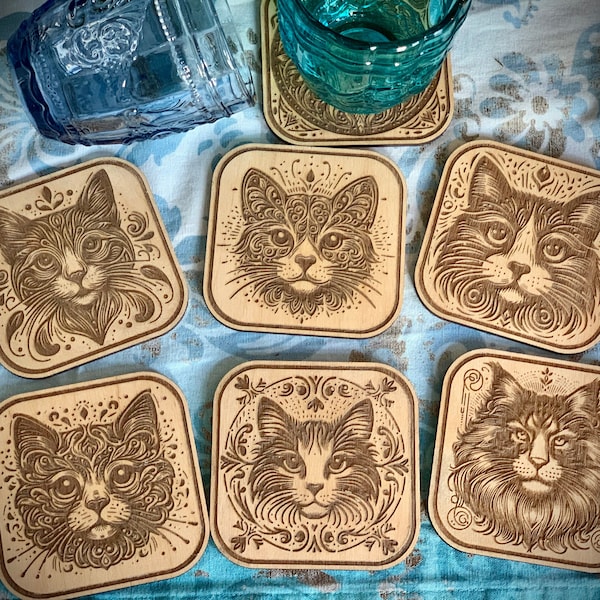 Untersetzer Holz Katze Katzen  Set 6 Stück- Coaster, Untersetzer, Glasuntersetzer - Kitty
