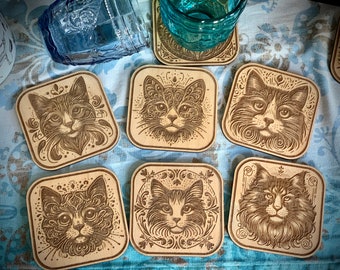 Untersetzer Holz Katze Katzen  Set 6 Stück- Coaster, Untersetzer, Glasuntersetzer - Kitty