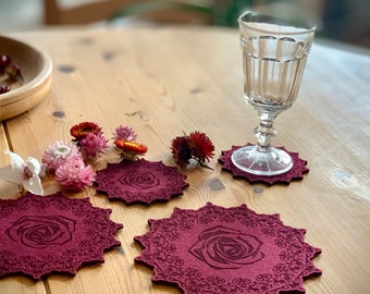 Untersetzer Filz Set - Rose - Coaster, Untersetzer, Glasuntersetzer - Floral, Blume bordeaux Rose