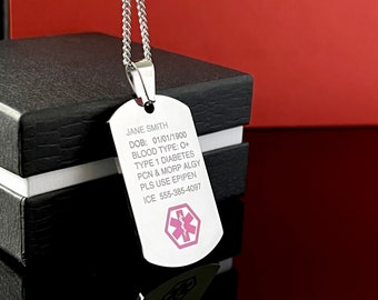 Collar de identificación médica de emergencia / Collar de alerta médica / Grabado personalizado en COLOR / Colgante de información médica grabada / Regalos médicos