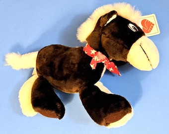 Écharpe rouge en peluche châtain cheval et poney Hugfun avec étiquette 25 cm vintage