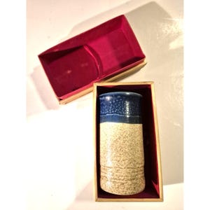 May include: A ceramic vase with a textured surface, featuring a gradient of colors: blue, light blue, and beige. The vase is presented in a wooden box lined with red fabric. The box is open, revealing the vase.