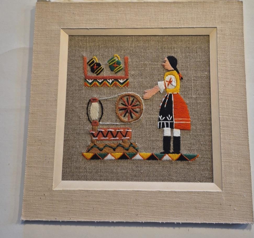 Tableau Broderie Crewel Vintage - Thème Récolte été - Encadré 49x39 Cm (19x15 Pouces) - MCM