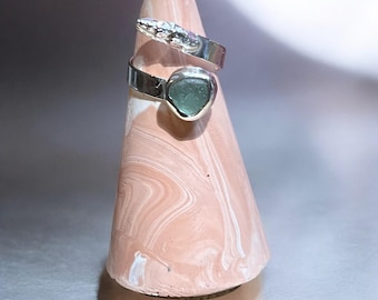 Teal Sea Glass Ring: Sterling Silver Adjustable Band with Shell Charm