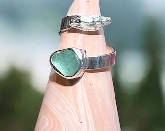 Teal Sea Glass Ring: Sterling Silver Adjustable Band with Fine Silver Shell