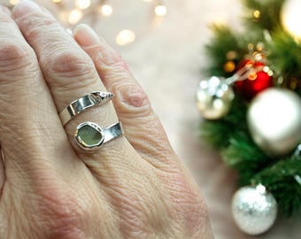 Seafoam Sea Glass Ring: Sterling Silver Shell Charm, Adjustable Wrap Ring