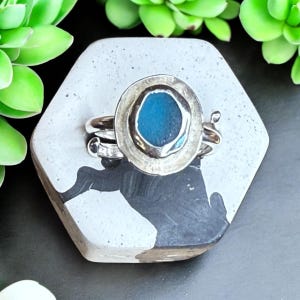 Deep aqua blue Sea glass Ring  - Handcrafted Fine and Sterling silver adjustable wrap ring.