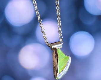UV Sea Glass Necklace: Handcrafted Sterling Silver Pendant, Neon Yellow Glow