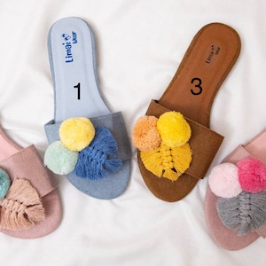 Handcrafted Pom Pom Sandals/Women sandals/Feather sandals/Sandals for women/Bohemian sandals/Summer sandals/Suede sandals/ colorful sandal/