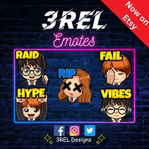 May include: A set of six digital Twitch emotes featuring Harry Potter characters in different poses. The emotes are labeled "RAID", "HYPE", "RIP", "FAIL", "VIBES", and "3REL Emotes".