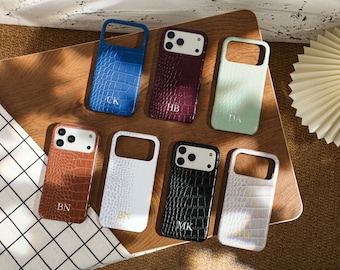 Funda personalizada de piel sintética de cocodrilo para iPhone 17 16, iPhone 15 14 13 12 11 Pro Max Plus Mini, funda para teléfono con inicial personalizada, funda para teléfono